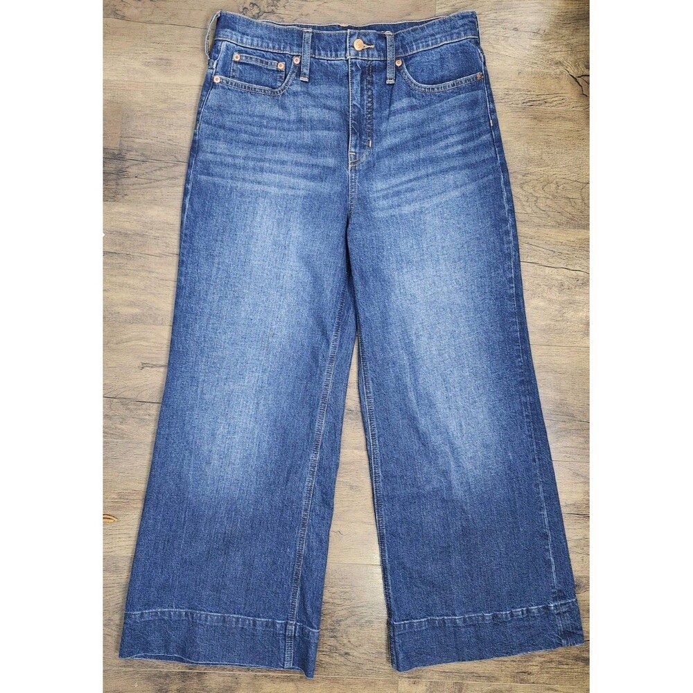 J.Crew Women's Wide Leg Trouser Jeans 30x28 Dark Wash High Rise Front Denim
